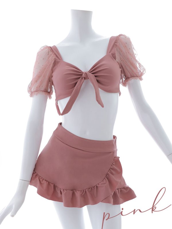 画像48: 【即日発送】【ビキニ】ドットシアースリーブスカート付きビキニ 3点セット【水着】[YMT] (48)