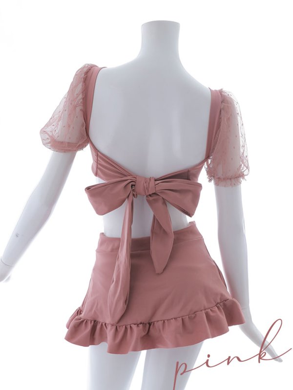 画像49: 【即日発送】【ビキニ】ドットシアースリーブスカート付きビキニ 3点セット【水着】[YMT] (49)