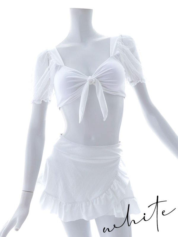 画像45: 【即日発送】【ビキニ】ドットシアースリーブスカート付きビキニ 3点セット【水着】[YMT] (45)