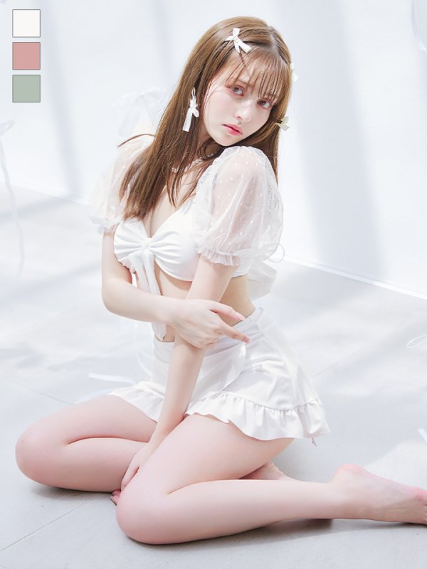 画像1: 【即日発送】【ビキニ】ドットシアースリーブスカート付きビキニ 3点セット【水着】[YMT] (1)