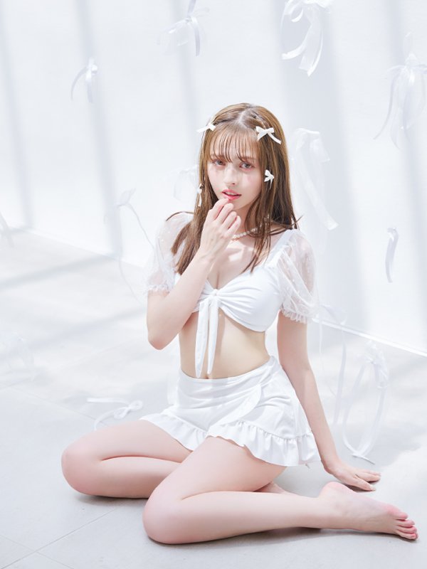 画像6: 【即日発送】【ビキニ】ドットシアースリーブスカート付きビキニ 3点セット【水着】[YMT] (6)