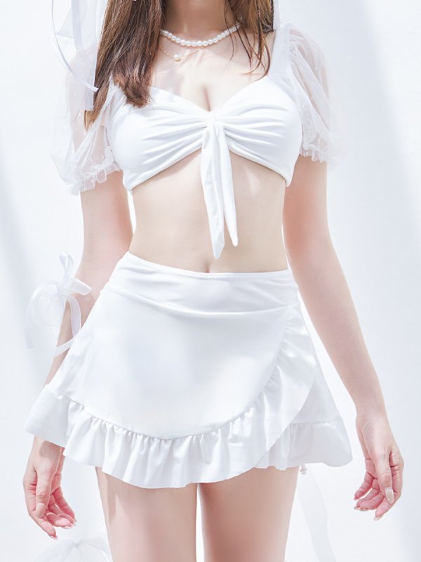 画像14: 【即日発送】【ビキニ】ドットシアースリーブスカート付きビキニ 3点セット【水着】[YMT] (14)