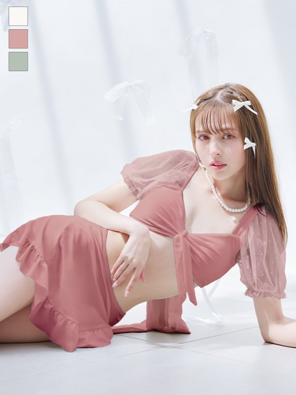 画像1: 【ノベルティ対象】【即日発送！】【ビキニ】ドットシアースリーブスカート付きビキニ 3点セット【水着】[YMT] (1)