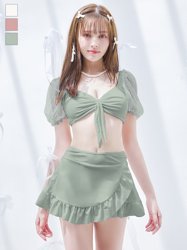 画像47: 【即日発送】【ビキニ】ドットシアースリーブスカート付きビキニ 3点セット【水着】[YMT] (47)