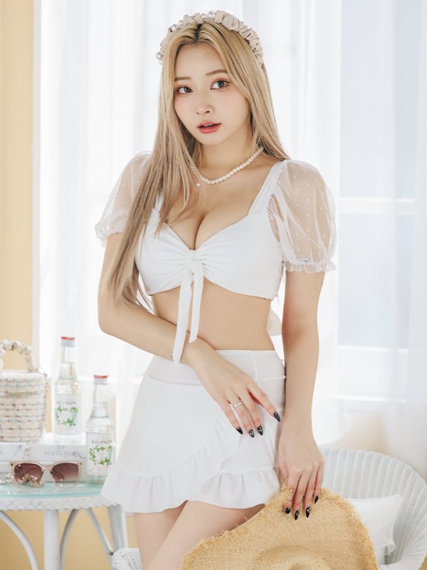 画像1: 【即日発送】【ビキニ】ドットシアースリーブスカート付きビキニ 3点セット【水着】[YMT] (1)