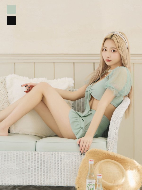 画像24: 【即日発送】【ビキニ】ドットシアースリーブスカート付きビキニ 3点セット【水着】[YMT] (24)