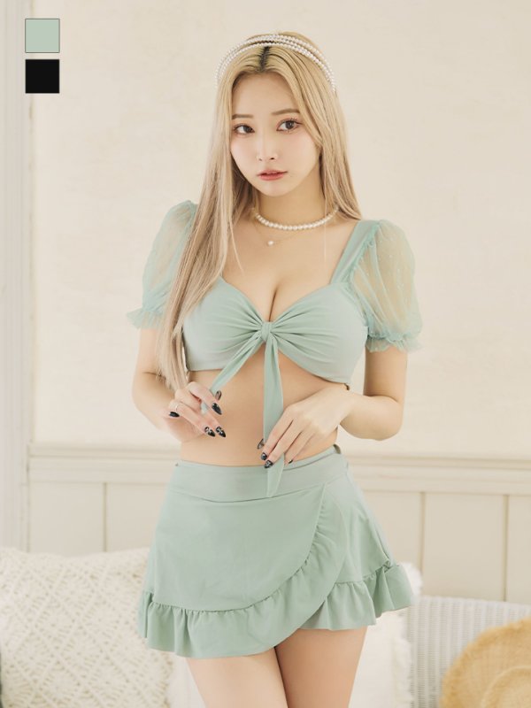 画像25: 【即日発送】【ビキニ】ドットシアースリーブスカート付きビキニ 3点セット【水着】[YMT] (25)