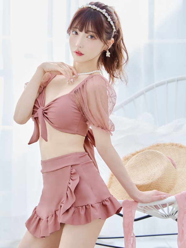 画像27: 【即日発送】【ビキニ】ドットシアースリーブスカート付きビキニ 3点セット【水着】[YMT] (27)