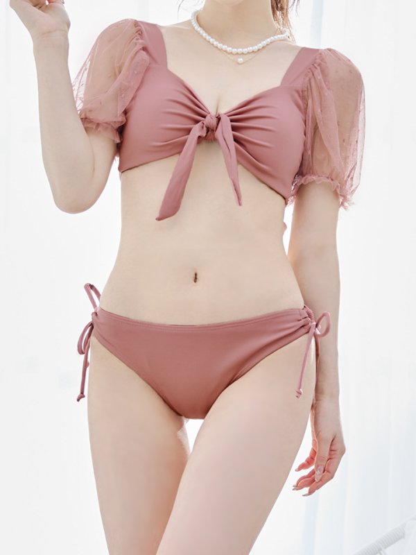 画像39: 【即日発送】【ビキニ】ドットシアースリーブスカート付きビキニ 3点セット【水着】[YMT] (39)