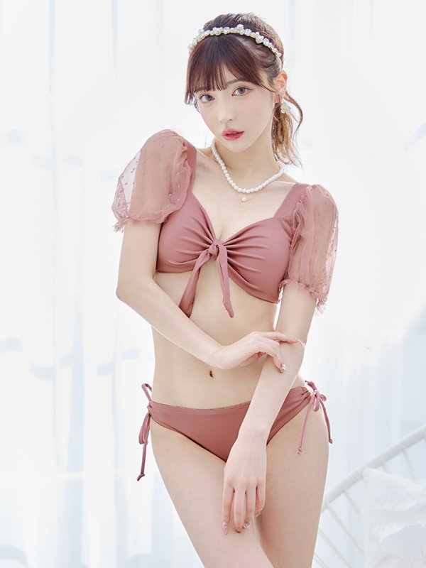 画像29: 【即日発送】【ビキニ】ドットシアースリーブスカート付きビキニ 3点セット【水着】[YMT] (29)