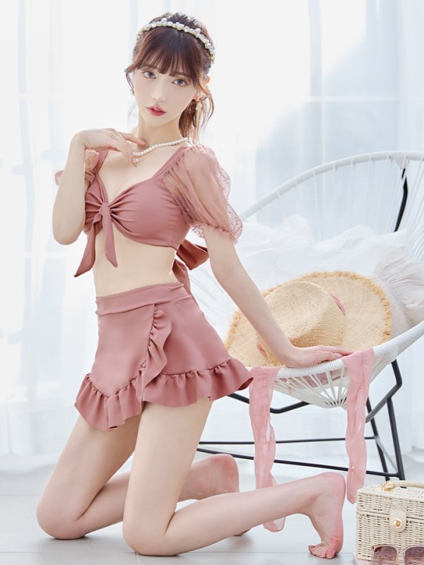 画像30: 【即日発送】【ビキニ】ドットシアースリーブスカート付きビキニ 3点セット【水着】[YMT] (30)