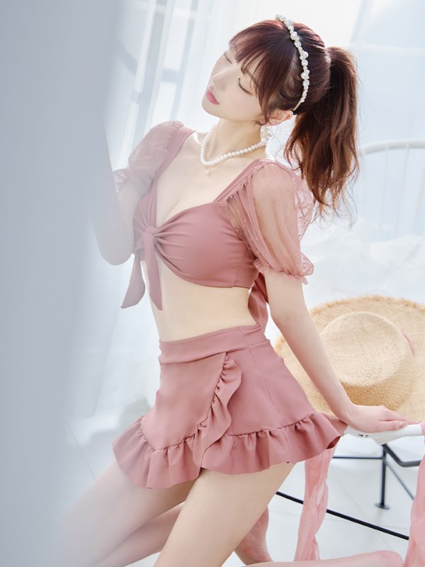 画像32: 【即日発送】【ビキニ】ドットシアースリーブスカート付きビキニ 3点セット【水着】[YMT] (32)