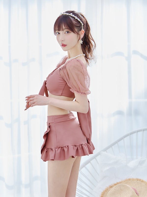 画像33: 【即日発送】【ビキニ】ドットシアースリーブスカート付きビキニ 3点セット【水着】[YMT] (33)