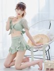 画像1: 【ノベルティ対象】【即日発送！】【ビキニ】ドットシアースリーブスカート付きビキニ 3点セット【水着】[YMT] (1)