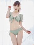 画像2: 【ノベルティ対象】【即日発送！】【ビキニ】ドットシアースリーブスカート付きビキニ 3点セット【水着】[YMT] (2)
