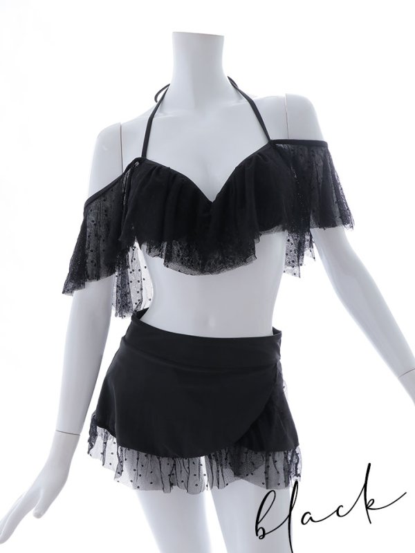 画像13: 【即日発送】【ビキニ】ドットシアーオフショルスカート付きビキニ 3点セット【水着】[YMT] (13)