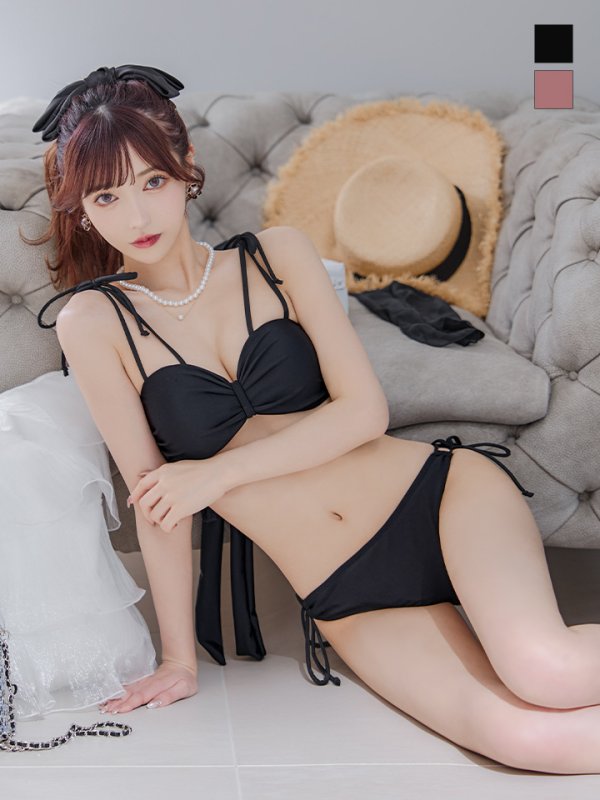 画像1: 【即日発送】【ビキニ】ショルダー紐リボンシンプルビキニ 2点セット【水着】[YMT] (1)