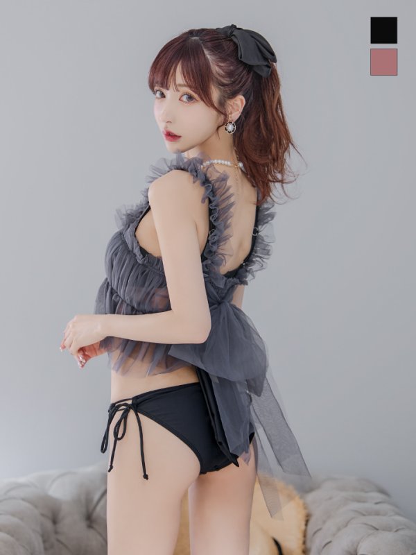 画像2: 【即日発送】【ビキニ】ショルダー紐リボンシンプルビキニ 2点セット【水着】[YMT] (2)