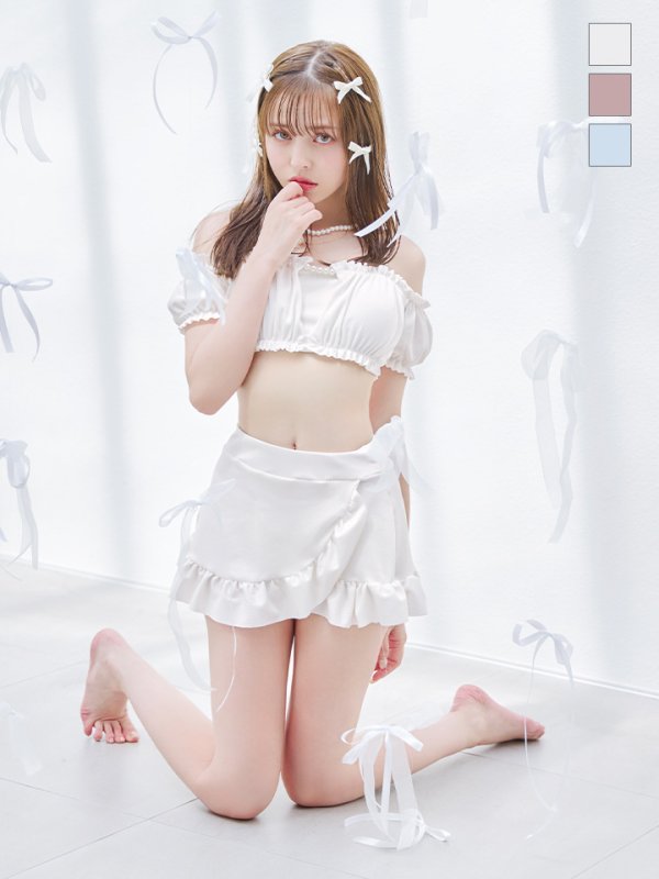 画像1: 【即日発送】【ビキニ】【水着】袖付きシャーリングトップス 4点セット[YMT] (1)