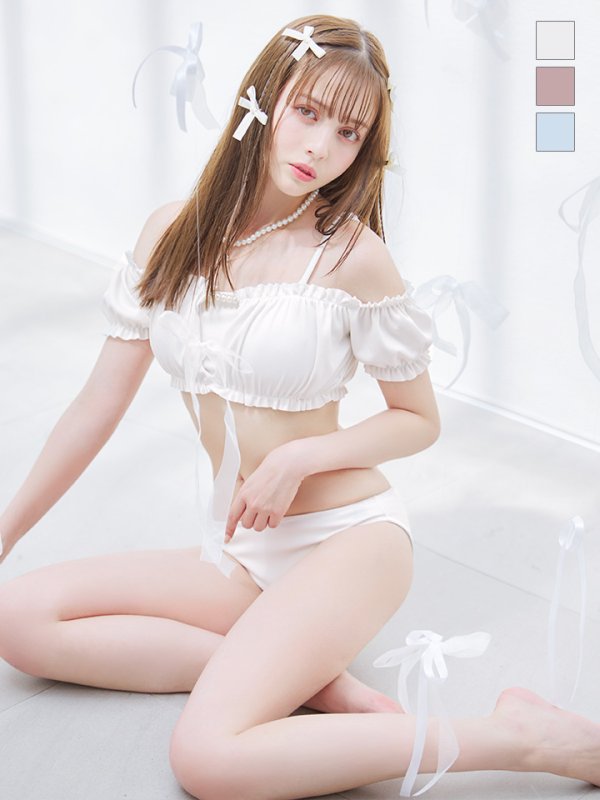 画像2: 【即日発送】【ビキニ】【水着】袖付きシャーリングトップス 4点セット[YMT] (2)