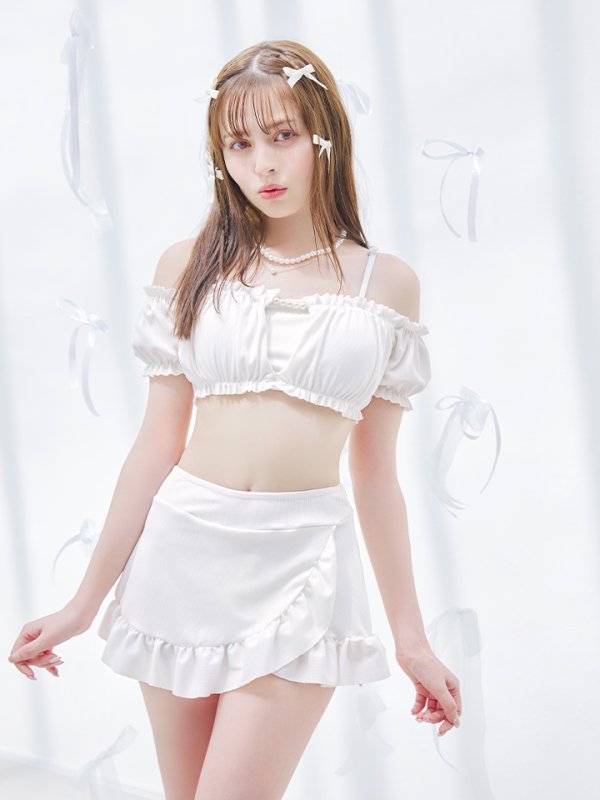 画像13: 【即日発送】【ビキニ】【水着】袖付きシャーリングトップス 4点セット[YMT] (13)