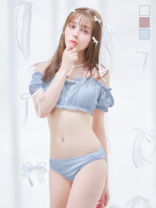 画像1: 【ビキニ】【水着】袖付きシャーリングトップス 4点セット【予約 / 7月上旬発送予定】[YMT] (1)