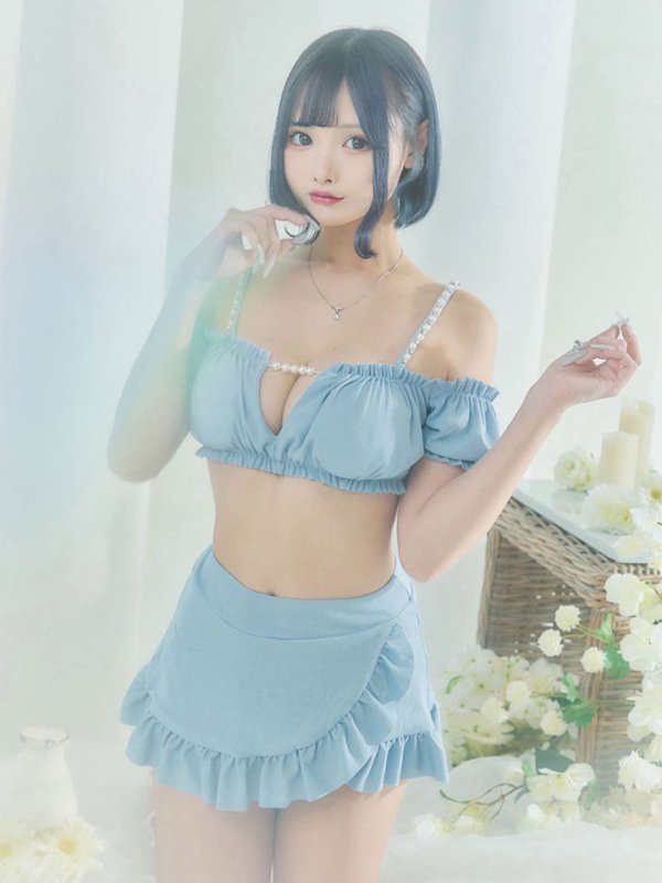 画像2: 【即日発送】【ビキニ】【水着】袖付きシャーリングトップス 4点セット[YMT] (2)