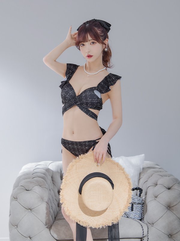 画像27: 【即日発送！】【ビキニ】バックリボン肩フリルツイード柄ビキニ 2点セット【水着】[YMT] (27)