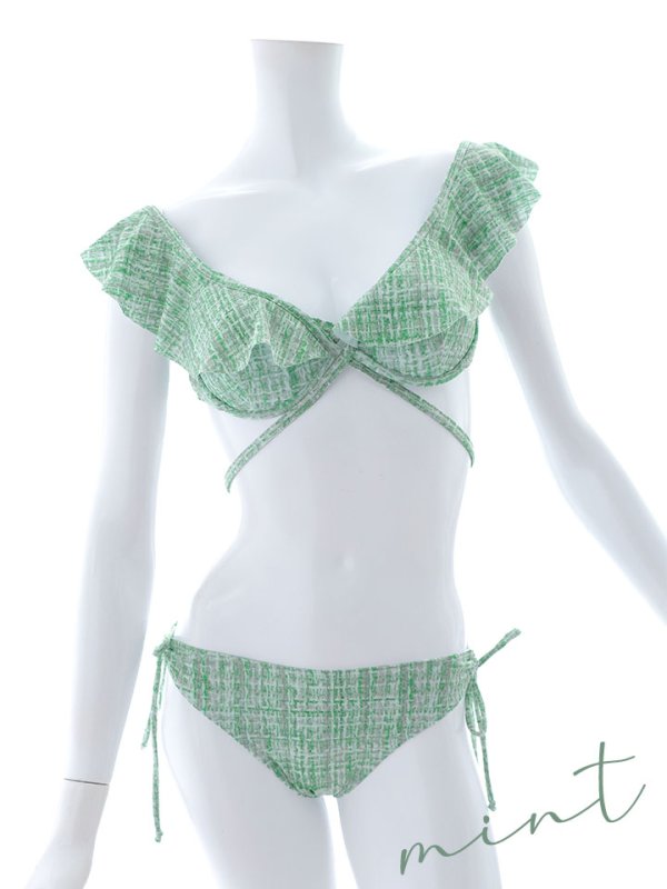 画像38: 【即日発送】【ビキニ】【水着】肩フリルツイード柄ビキニ 2点セット[YMT] (38)