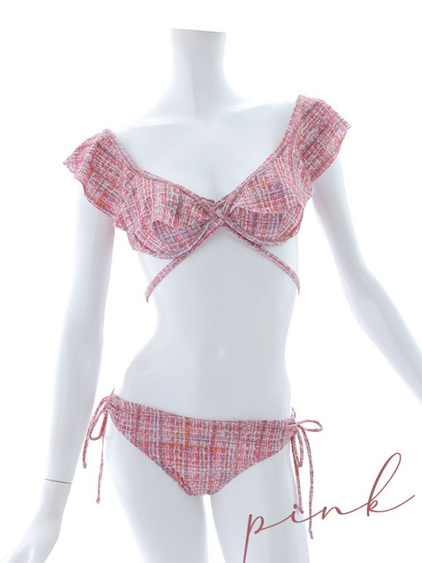 画像40: 【即日発送】【ビキニ】【水着】肩フリルツイード柄ビキニ 2点セット[YMT] (40)