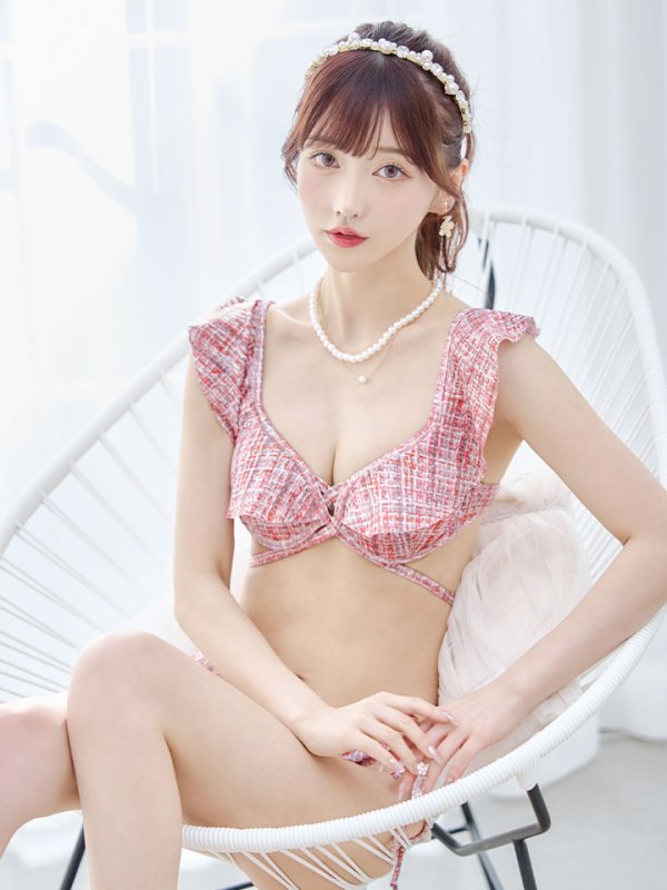 画像27: 【即日発送】【ビキニ】【水着】肩フリルツイード柄ビキニ 2点セット[YMT] (27)