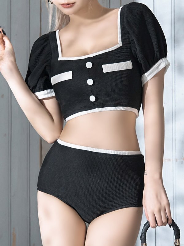 画像20: 【即日発送！】【ビキニ】韓国っぽパフスリパイピングビキニ 2点セット【水着】[YMT] (20)