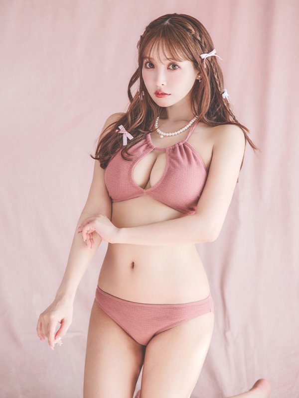 画像2: 【ビキニ】【水着】ホルターネックリブシンプルビキニ 2点セット[YMT] (2)