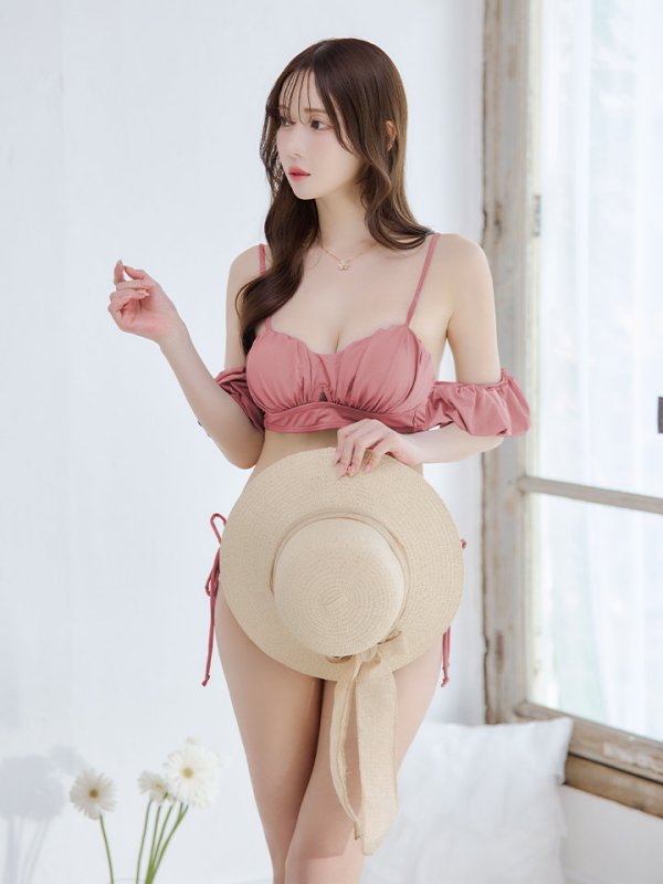 即日発送】【ビキニ】【水着】くしゅっとオフショル袖シンプル