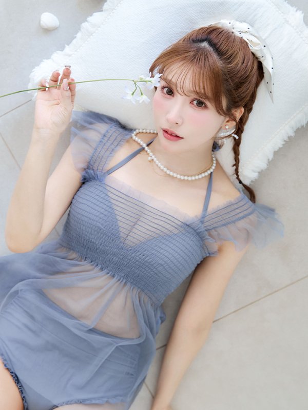 画像13: 【即日発送】【ビキニ】【水着】シアーチュニック付きハイウエストビキニ 3点セット[YMT] (13)