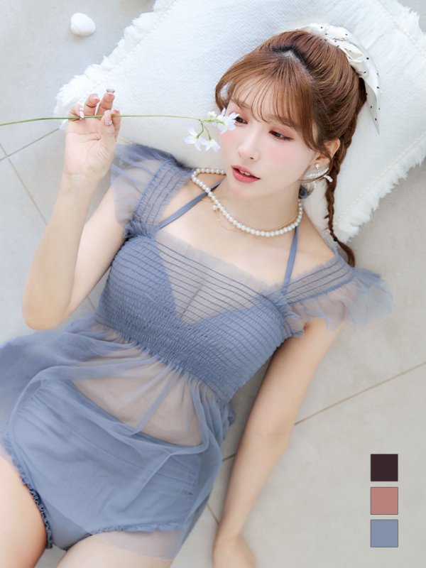 画像2: 【即日発送】【ビキニ】【水着】シアーチュニック付きハイウエストビキニ 3点セット[YMT] (2)