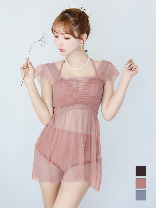 画像6: 【即日発送】【ビキニ】【水着】シアーチュニック付きハイウエストビキニ 3点セット[YMT] (6)