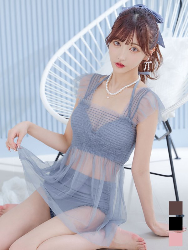 画像1: 【即日発送】【ビキニ】【水着】シアーチュニック付きハイウエストビキニ 3点セット[YMT] (1)