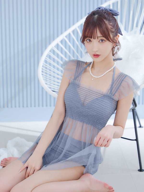 画像14: 【即日発送】【ビキニ】【水着】シアーチュニック付きハイウエストビキニ 3点セット[YMT] (14)