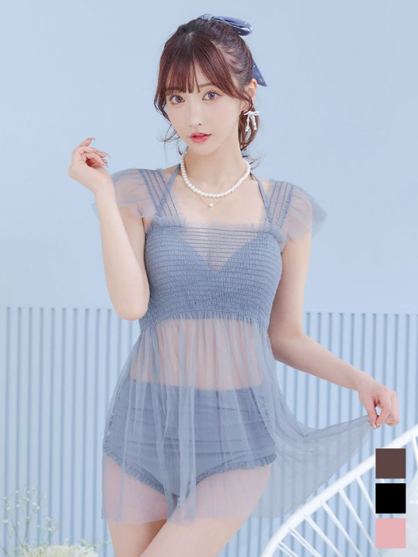 画像2: 【即日発送】【ビキニ】【水着】シアーチュニック付きハイウエストビキニ 3点セット[YMT] (2)