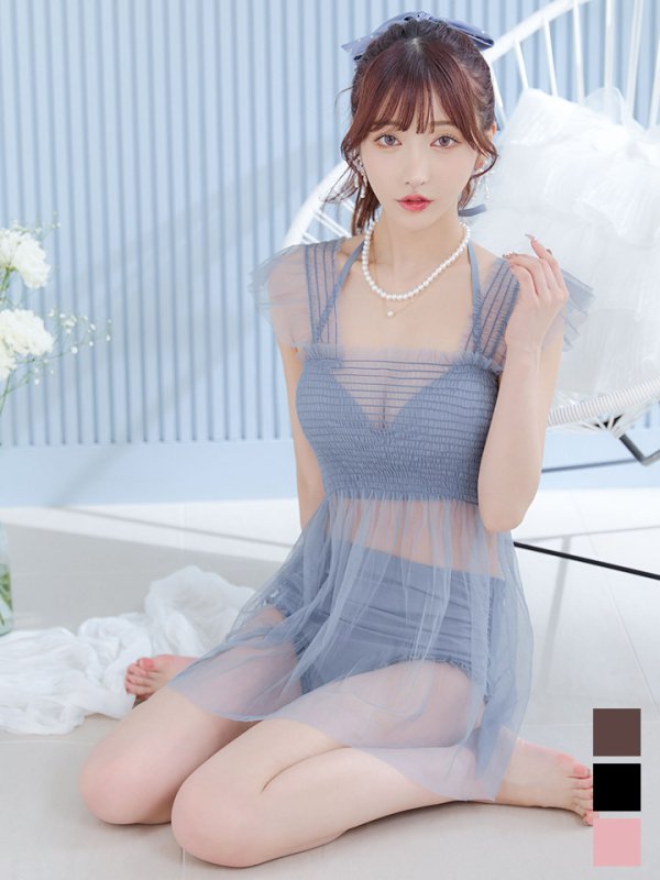 画像3: 【即日発送】【ビキニ】【水着】シアーチュニック付きハイウエストビキニ 3点セット[YMT] (3)