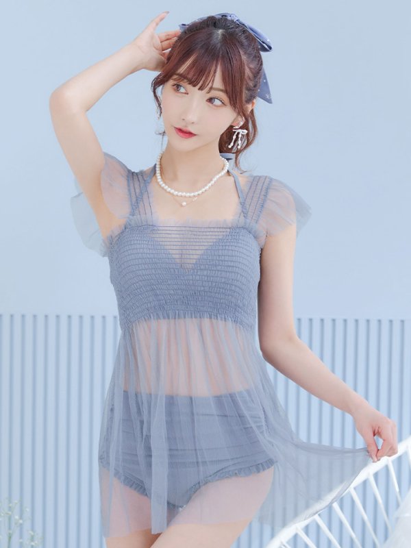 画像10: 【即日発送】【ビキニ】【水着】シアーチュニック付きハイウエストビキニ 3点セット[YMT] (10)