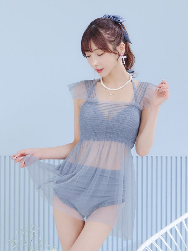 画像13: 【即日発送】【ビキニ】【水着】シアーチュニック付きハイウエストビキニ 3点セット[YMT] (13)