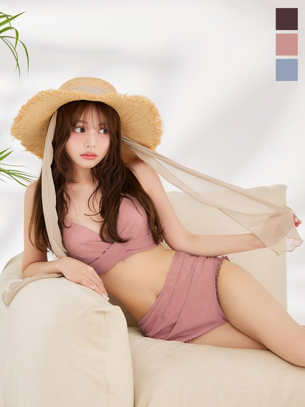 画像8: 【即日発送】【ビキニ】【水着】シアーチュニック付きハイウエストビキニ 3点セット[YMT] (8)