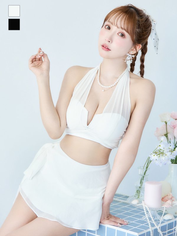画像2: 【即日発送】【ビキニ】【水着】シアーホルターネックスカート付きビキニ 3点セット[YMT] (2)