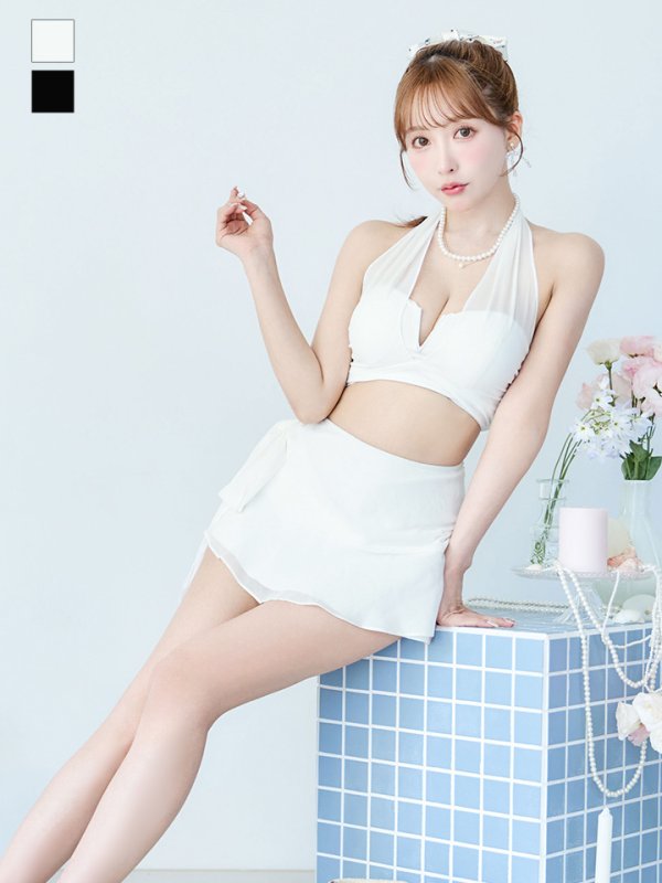 画像3: 【即日発送】【ビキニ】【水着】シアーホルターネックスカート付きビキニ 3点セット[YMT] (3)