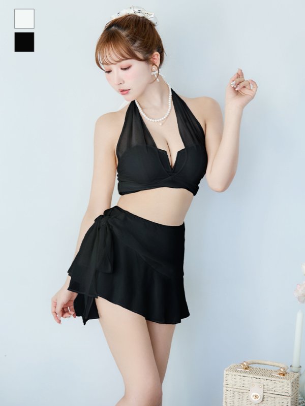 画像5: 【即日発送】【ビキニ】【水着】シアーホルターネックスカート付きビキニ 3点セット[YMT] (5)