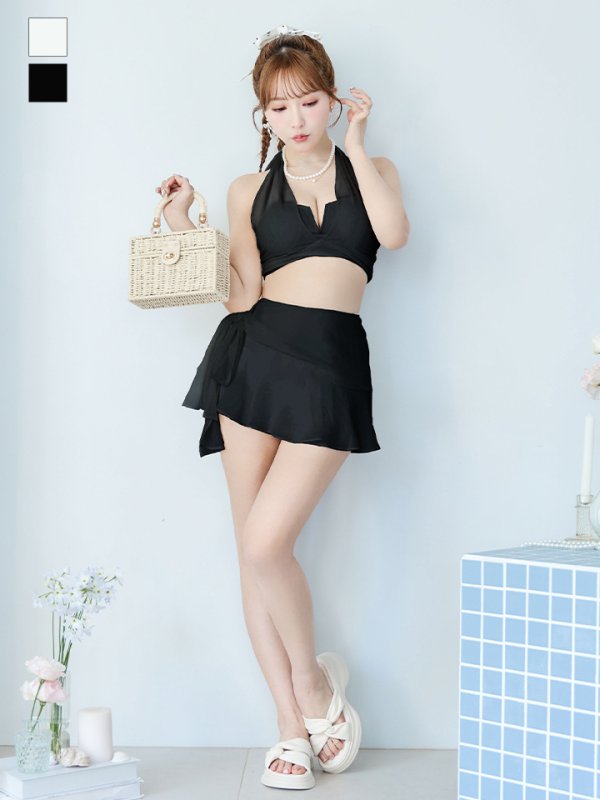 画像6: 【即日発送】【ビキニ】【水着】シアーホルターネックスカート付きビキニ 3点セット[YMT] (6)