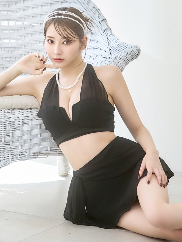 画像1: 【即日発送】【ビキニ】【水着】シアーホルターネックスカート付きビキニ 3点セット[YMT] (1)