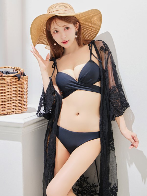 画像1: 【予約 / 6月中旬発送予定】【ビキニ】【水着】バッククロスリボンワンカラービキニ 2点セット [YMT] (1)